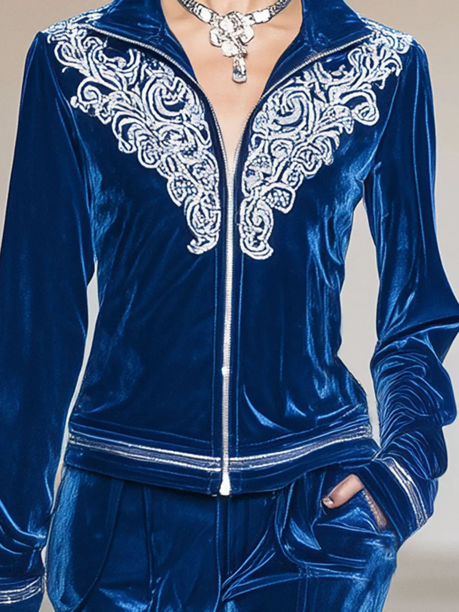 Stylish Classic Blue Velvet Embroidered Jacket And Wide-leg Trousers Suit sold by Oyrosy product image thumbnail 4