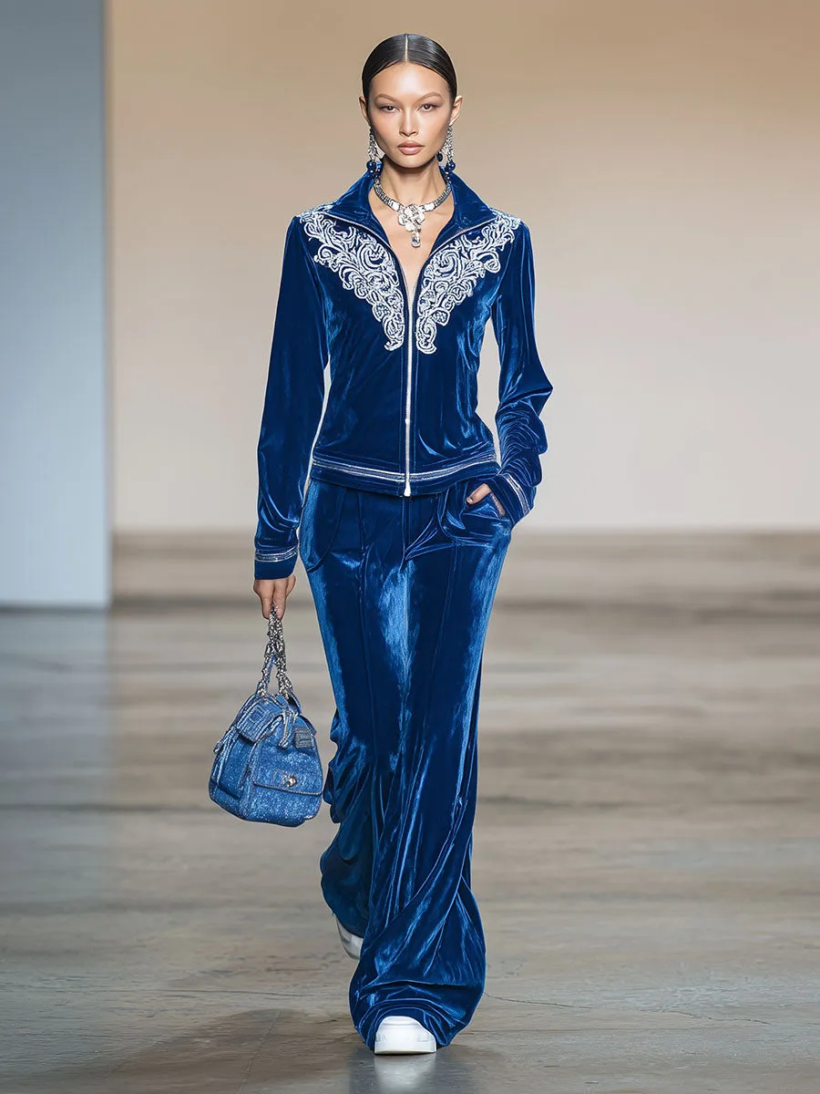 Stylish Classic Blue Velvet Embroidered Jacket And Wide-leg Trousers Suit sold by Oyrosy product image thumbnail 2
