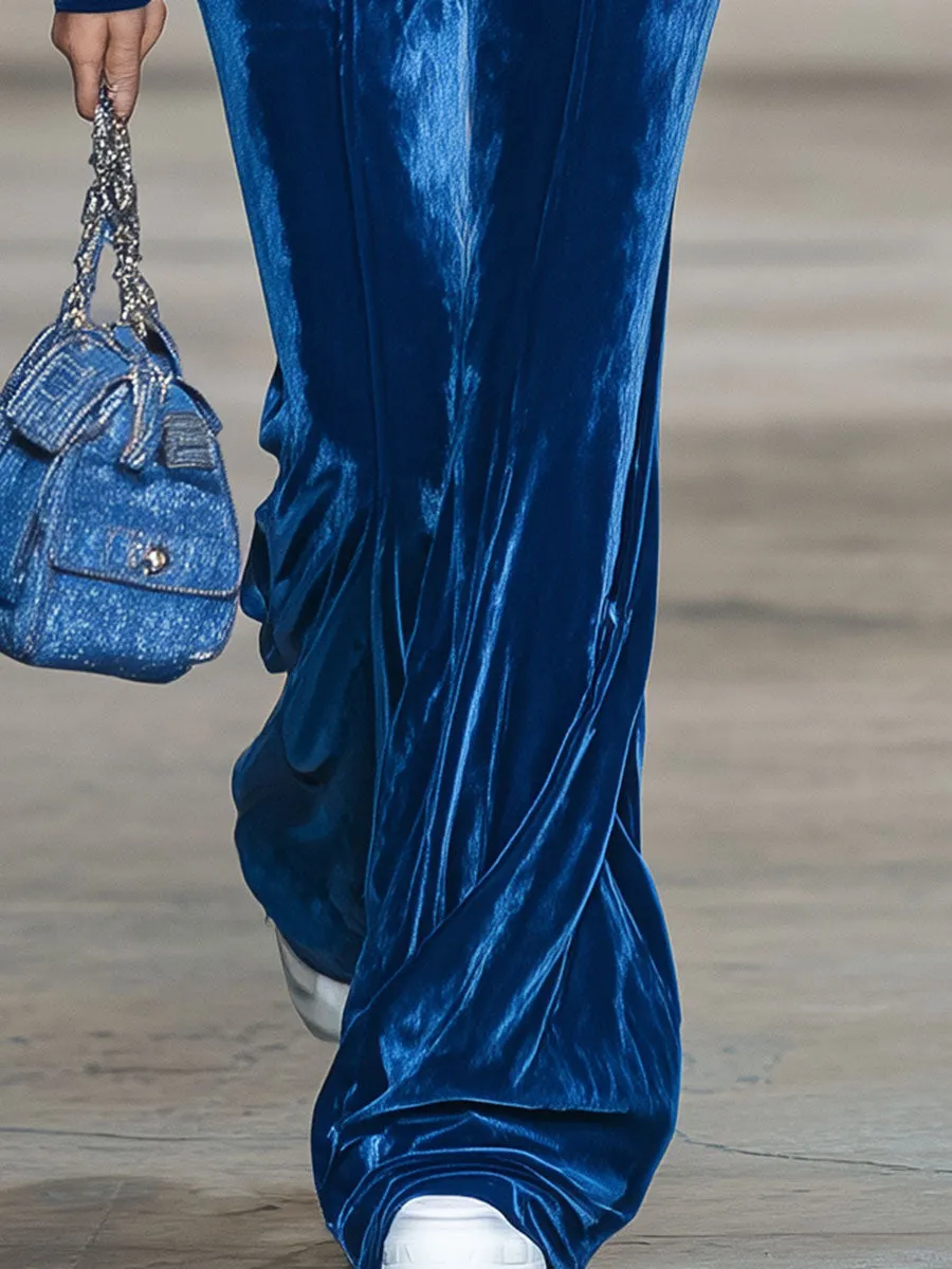 Stylish Classic Blue Velvet Embroidered Jacket And Wide-leg Trousers Suit sold by Oyrosy product image thumbnail 3
