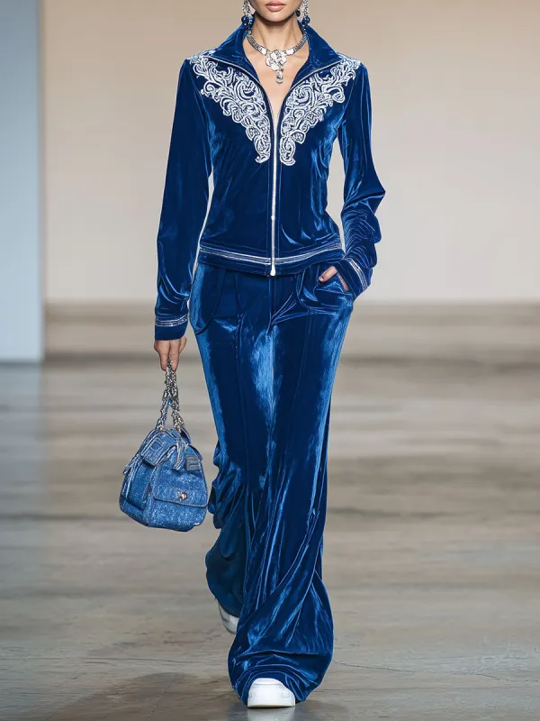 Stylish Classic Blue Velvet Embroidered Jacket And Wide-leg Trousers Suit sold by Oyrosy