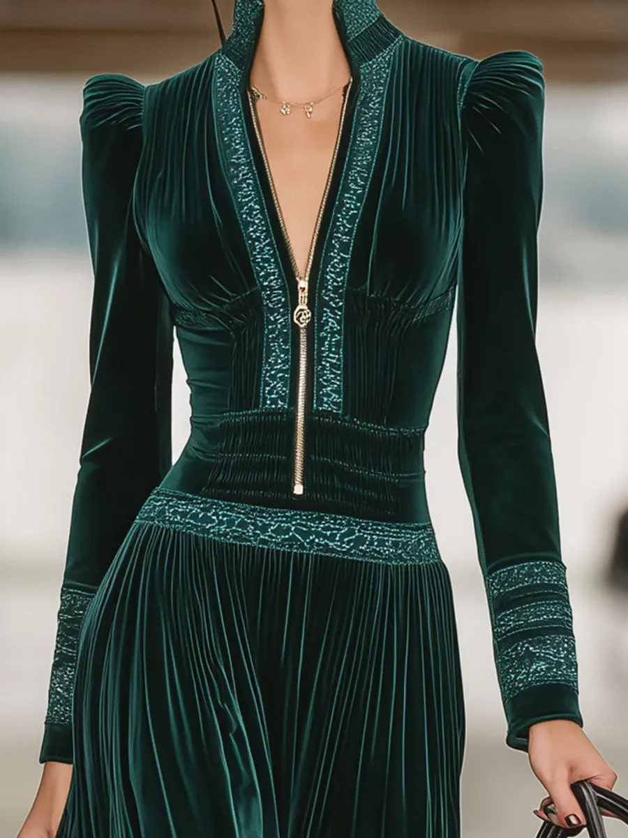 Green Velvet Ribbon-trimmed V-neck Midi Dress sold by Oyrosy product image thumbnail 4