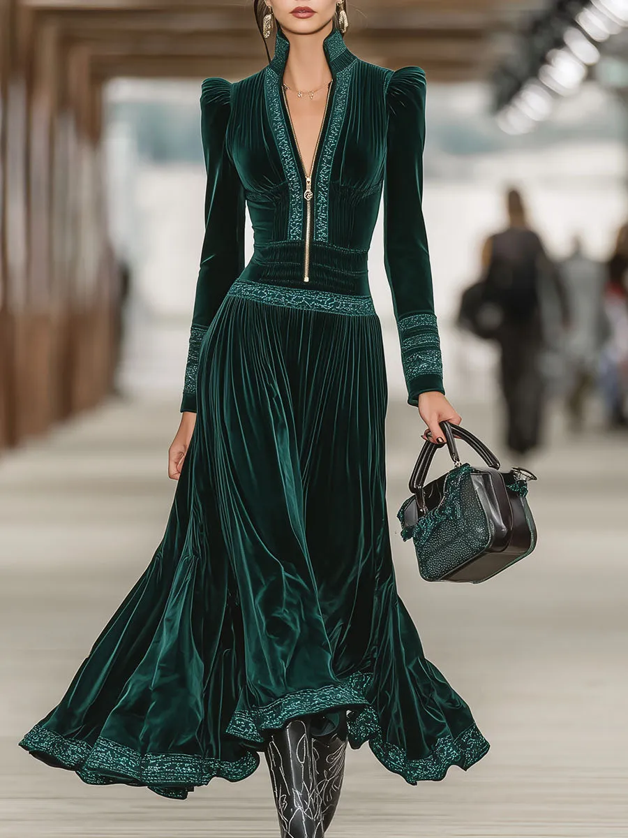 Green Velvet Ribbon-trimmed V-neck Midi Dress sold by Oyrosy