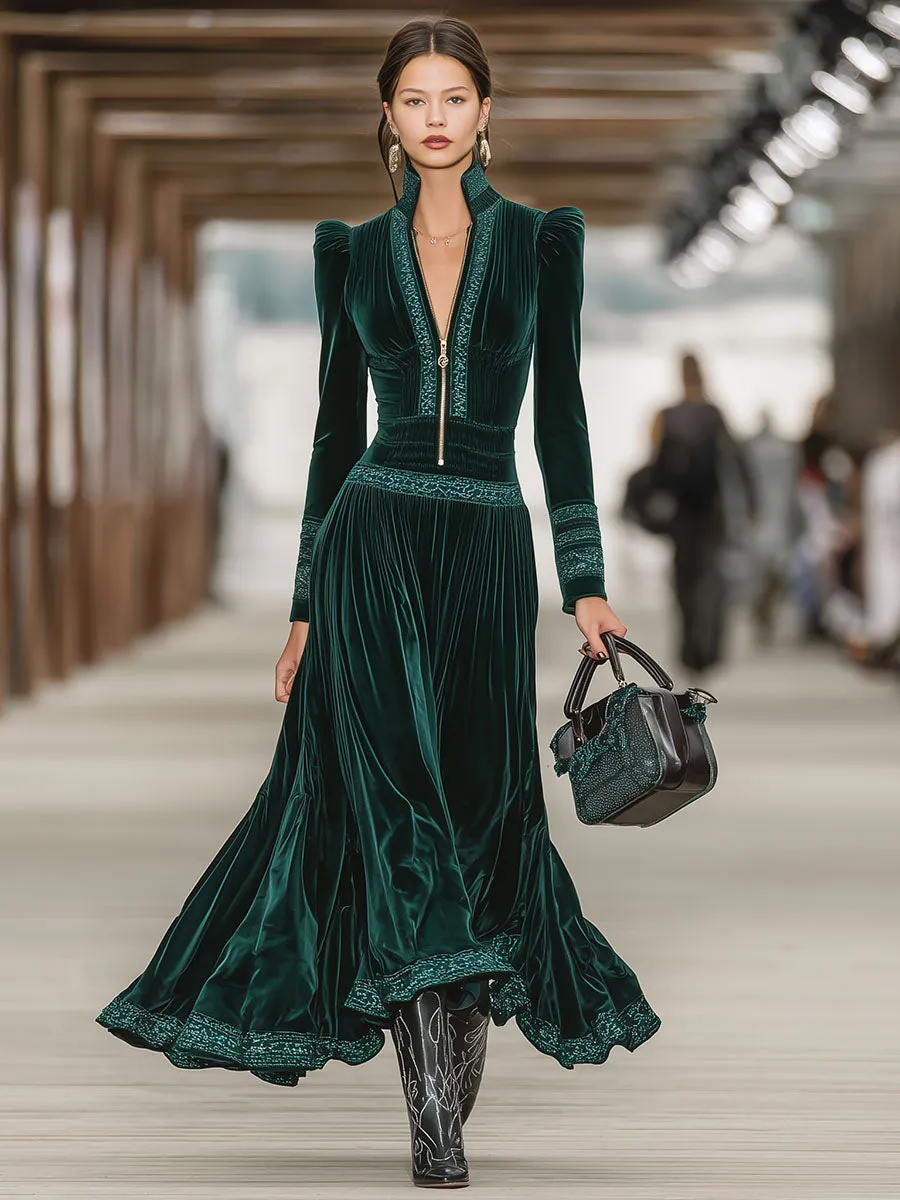 Green Velvet Ribbon-trimmed V-neck Midi Dress sold by Oyrosy product image thumbnail 2