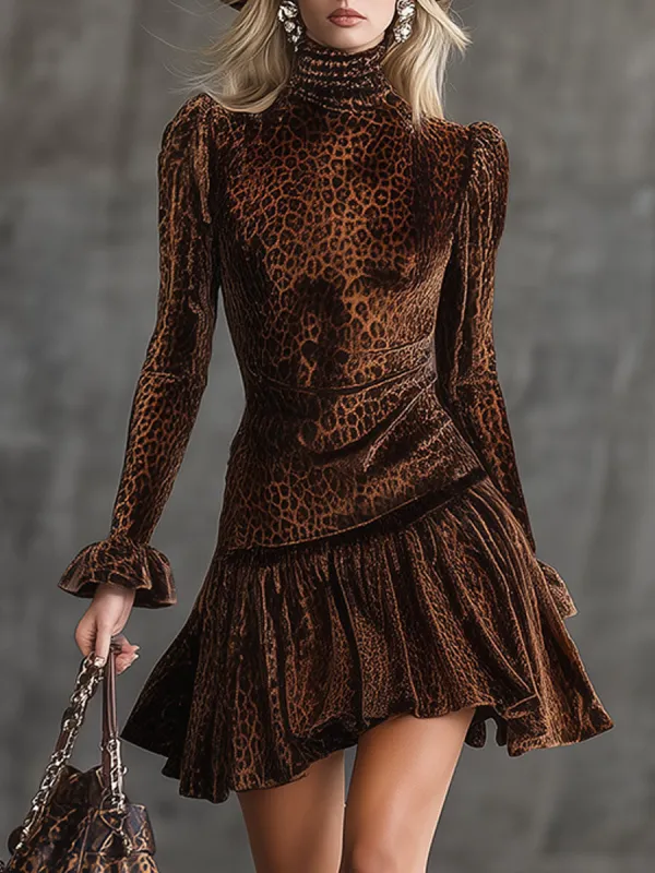 Stylish Retro Brown Leopard Print Velvet Print High-Neck Mini Dress sold by Oyrosy