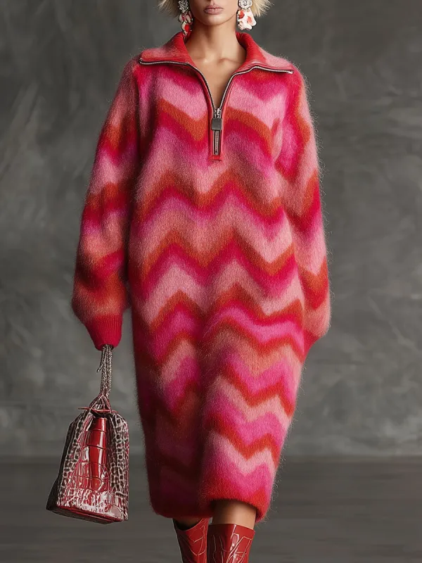 Vintage Red And Pink Zigzag Knit Collared Half-zip Midi Dress sold by Oyrosy