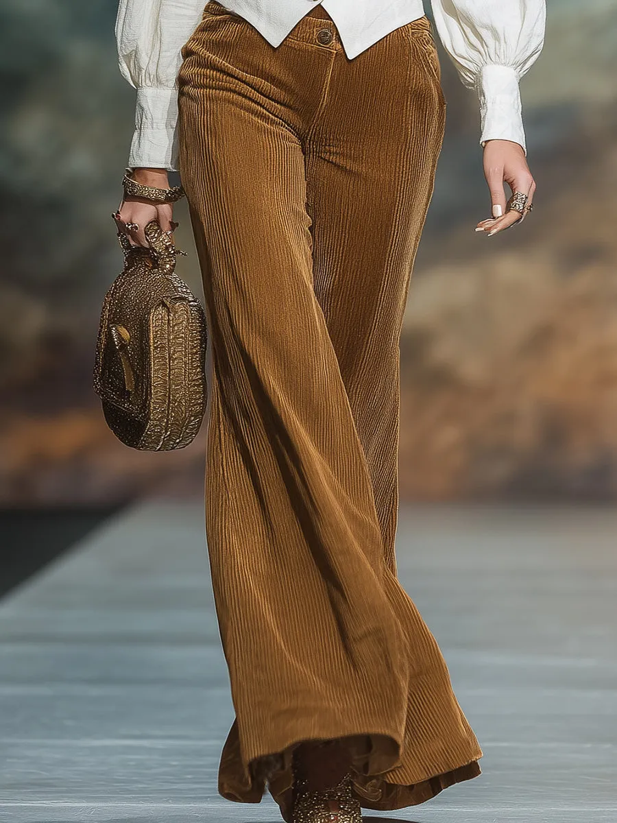 Casual Retro Brown Corduroy Flared Pants sold by Oyrosy