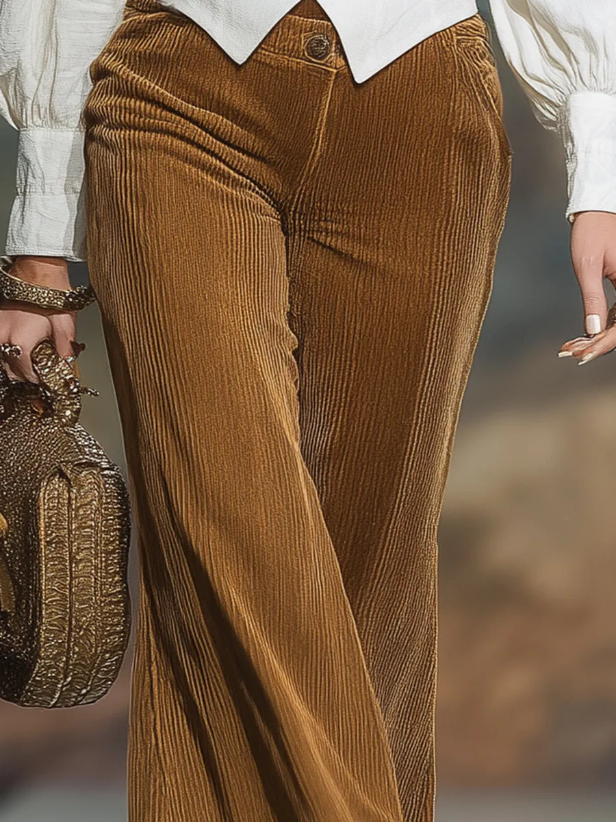 Casual Retro Brown Corduroy Flared Pants sold by Oyrosy product image thumbnail 3