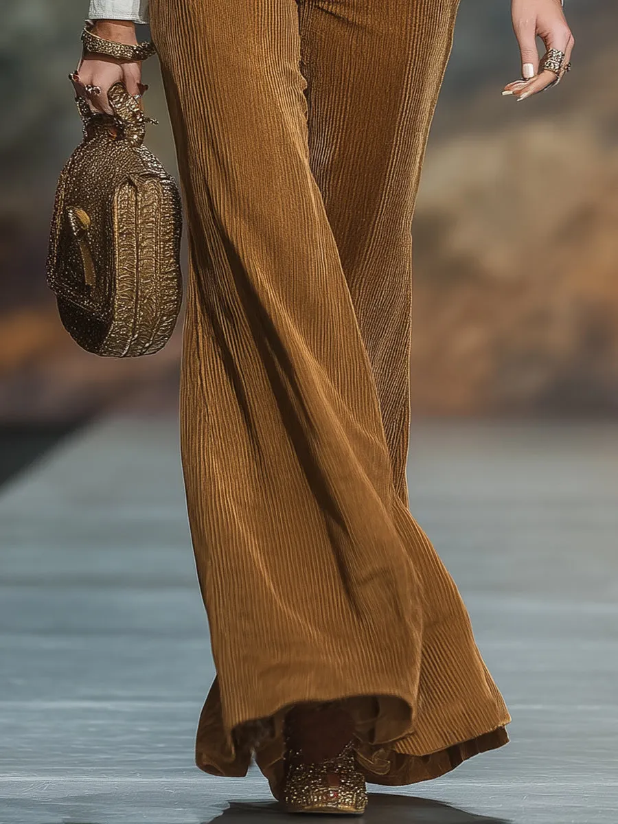Casual Retro Brown Corduroy Flared Pants sold by Oyrosy product image thumbnail 4