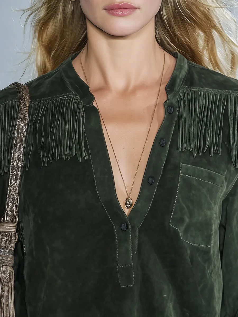 Retro Western Dark Green Faux Suede Tassel Shirt sold by Oyrosy product image thumbnail 3