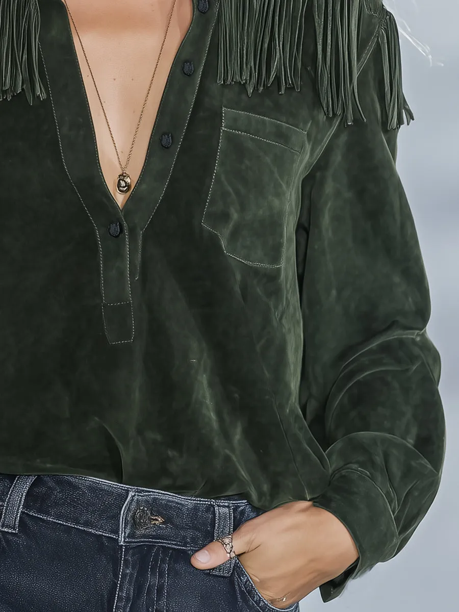 Retro Western Dark Green Faux Suede Tassel Shirt sold by Oyrosy product image thumbnail 4