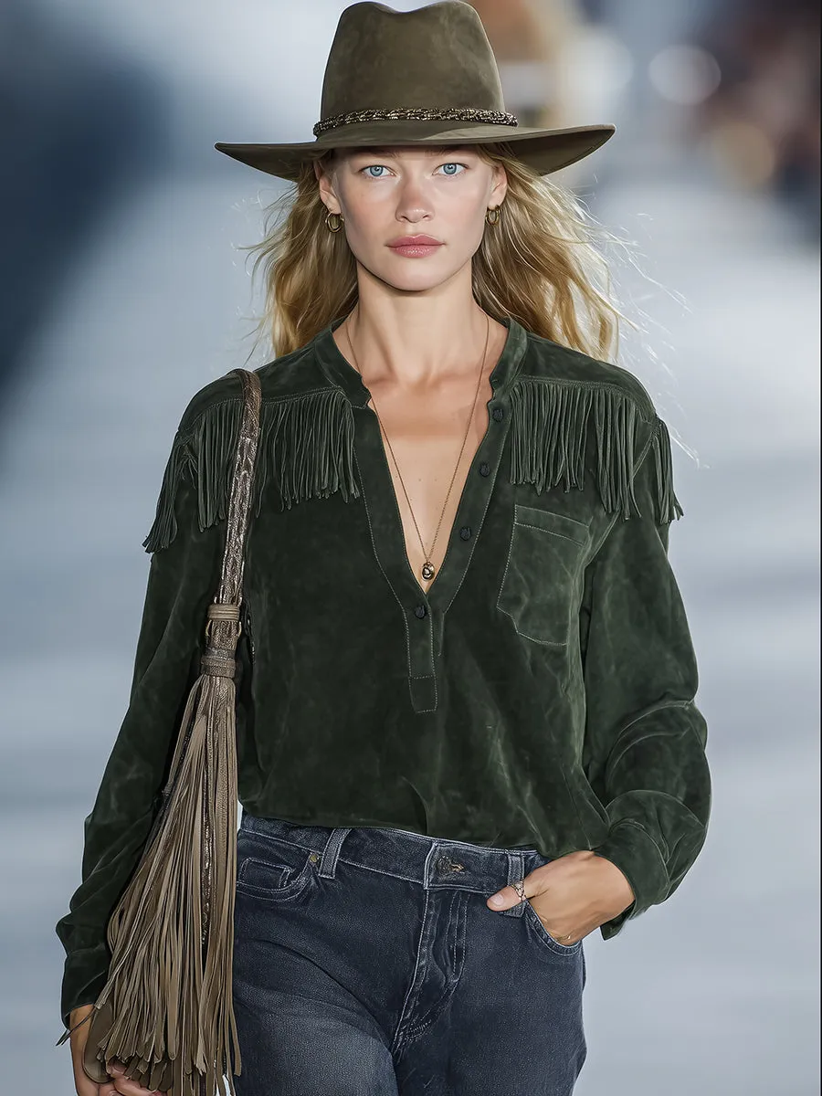 Retro Western Dark Green Faux Suede Tassel Shirt sold by Oyrosy product image thumbnail 2