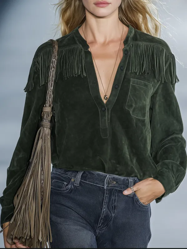 Retro Western Dark Green Faux Suede Tassel Shirt sold by Oyrosy