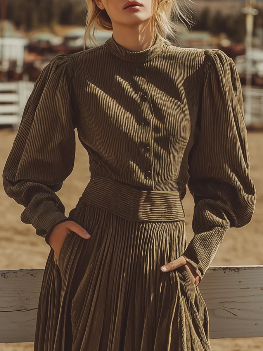 Retro Casual Olive Green Corduroy Shirt And Skirt Set sold by Oyrosy product image thumbnail 3