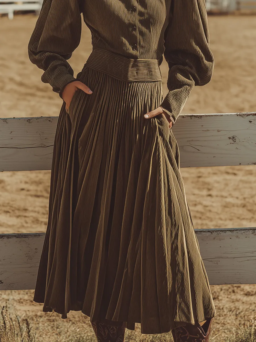 Retro Casual Olive Green Corduroy Shirt And Skirt Set sold by Oyrosy product image thumbnail 4