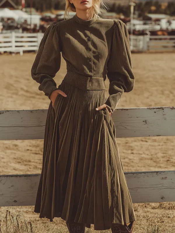 Retro Casual Olive Green Corduroy Shirt And Skirt Set made by Oyrosy