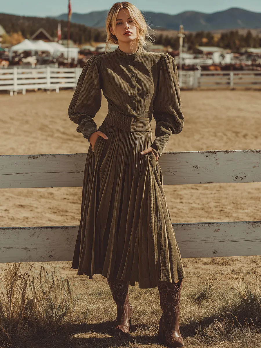 Retro Casual Olive Green Corduroy Shirt And Skirt Set sold by Oyrosy product image thumbnail 2