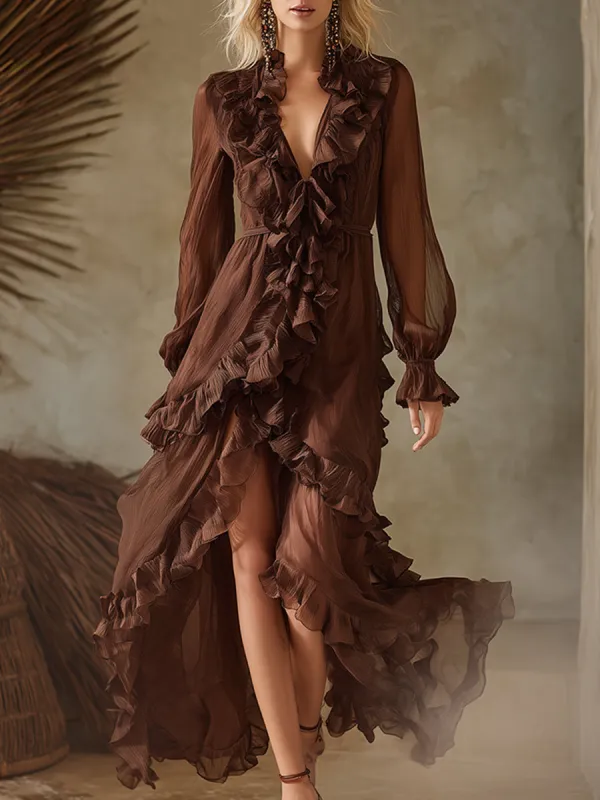 Retro Elegant Ruffled V-neck Double-layered Ruffled Skirt Brown Chiffon Maxi Dress sold by Oyrosy