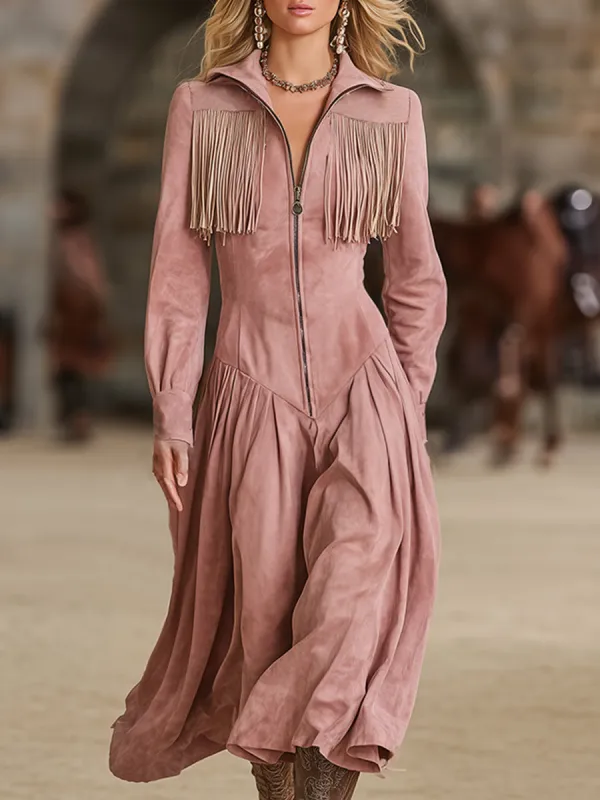 Retro Western-style Fringed Front Zipper Pink Faux Suede Maxi Dress sold by Oyrosy