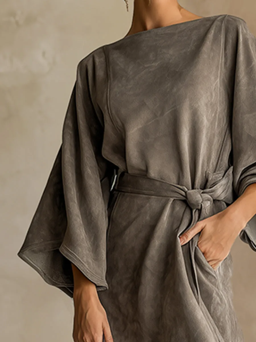 Elegant And Sophisticated Grey Faux Suede Flared Long-sleeved Maxi Dress sold by Oyrosy product image thumbnail 3