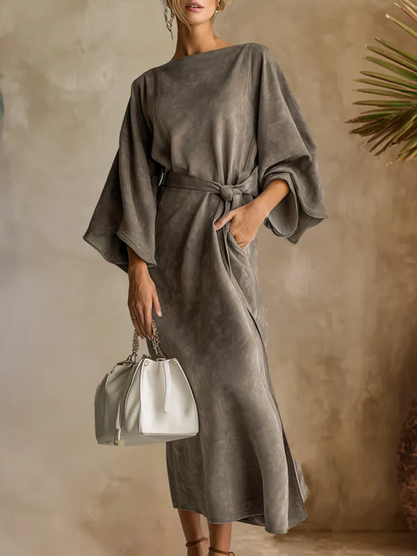 Elegant And Sophisticated Grey Faux Suede Flared Long-sleeved Maxi Dress sold by Oyrosy