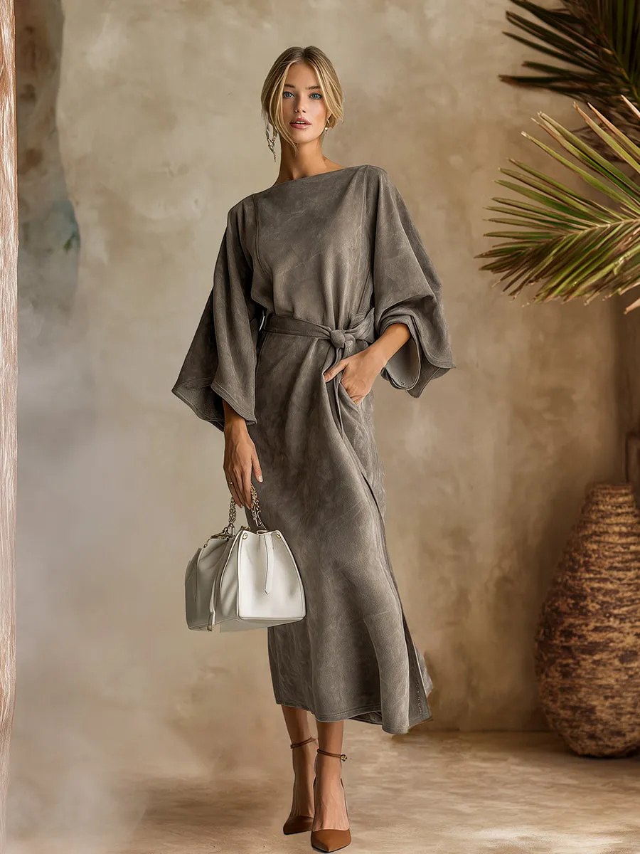 Elegant And Sophisticated Grey Faux Suede Flared Long-sleeved Maxi Dress sold by Oyrosy product image thumbnail 2
