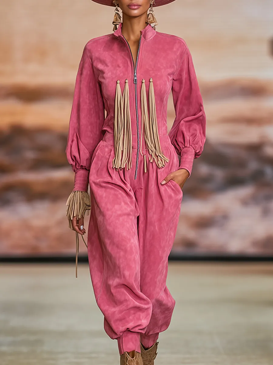 Trendy Urban Retro Bright Pink Stand-up Collar Front Zipper Faux Suede Jumpsuit sold by Oyrosy