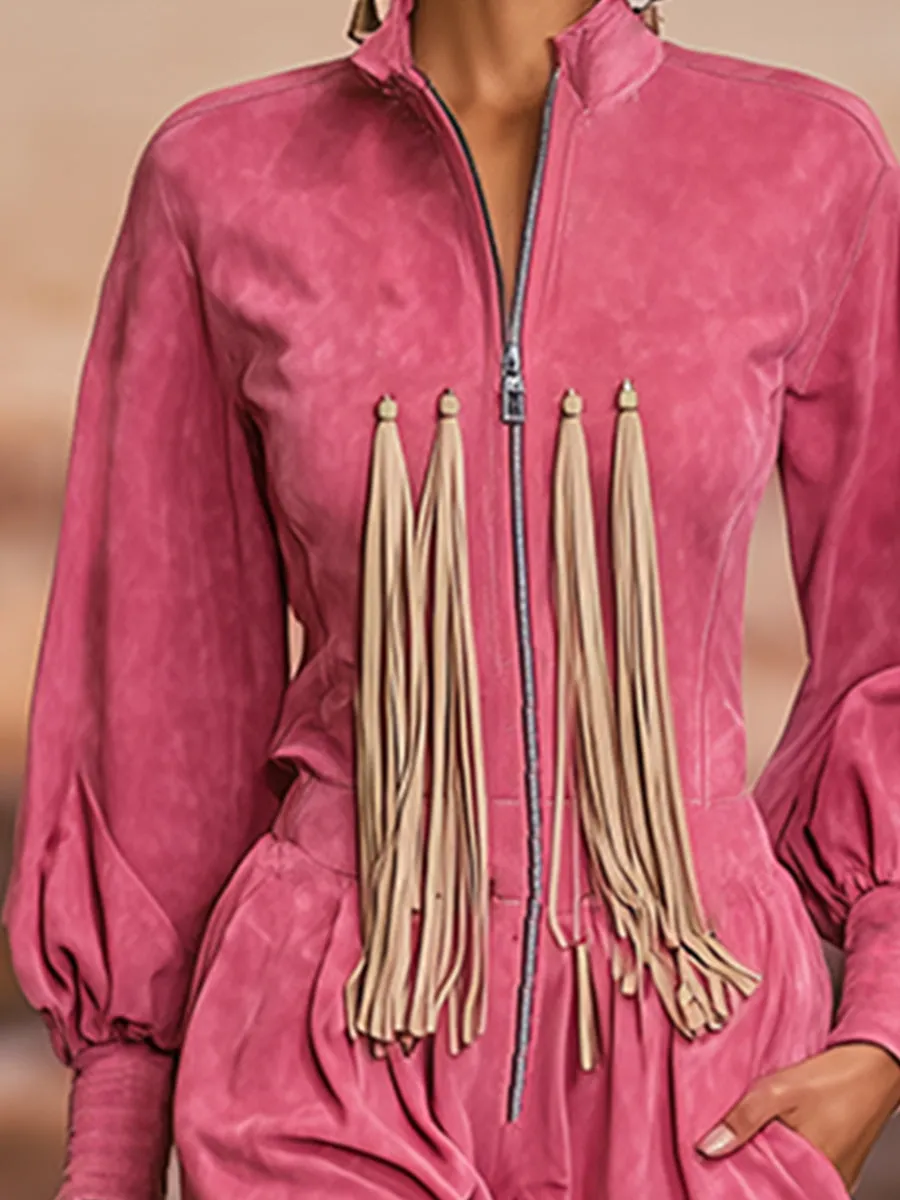 Trendy Urban Retro Bright Pink Stand-up Collar Front Zipper Faux Suede Jumpsuit sold by Oyrosy product image thumbnail 3