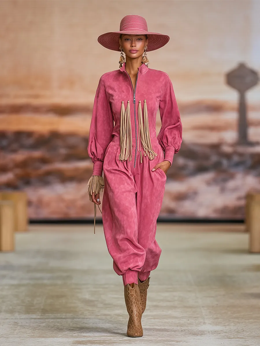 Trendy Urban Retro Bright Pink Stand-up Collar Front Zipper Faux Suede Jumpsuit sold by Oyrosy product image thumbnail 2