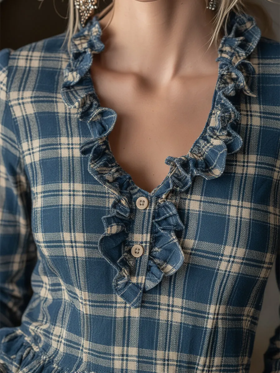 Trendy Retro Blue And Beige Plaid V-neck Ruffled Shirt sold by Oyrosy product image thumbnail 3