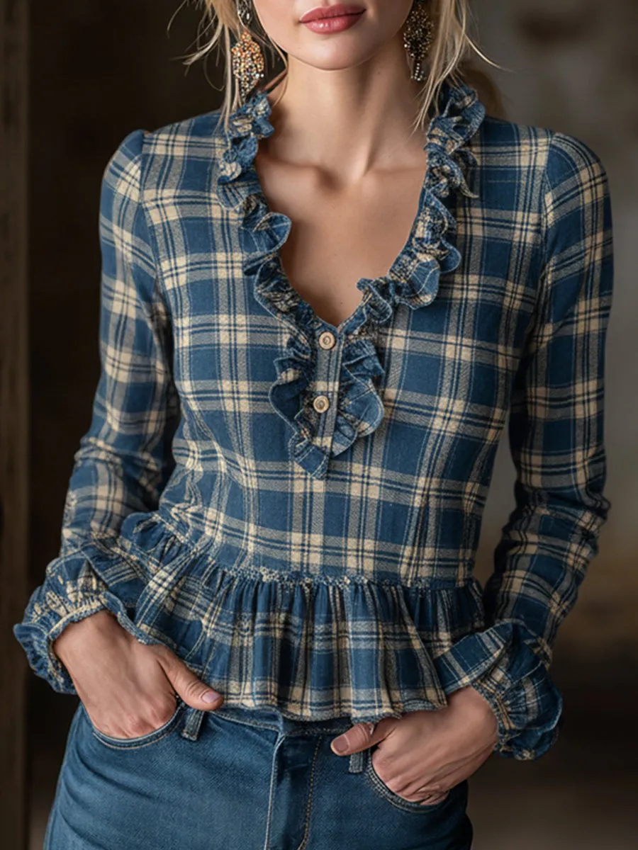 Trendy Retro Blue And Beige Plaid V-neck Ruffled Shirt sold by Oyrosy