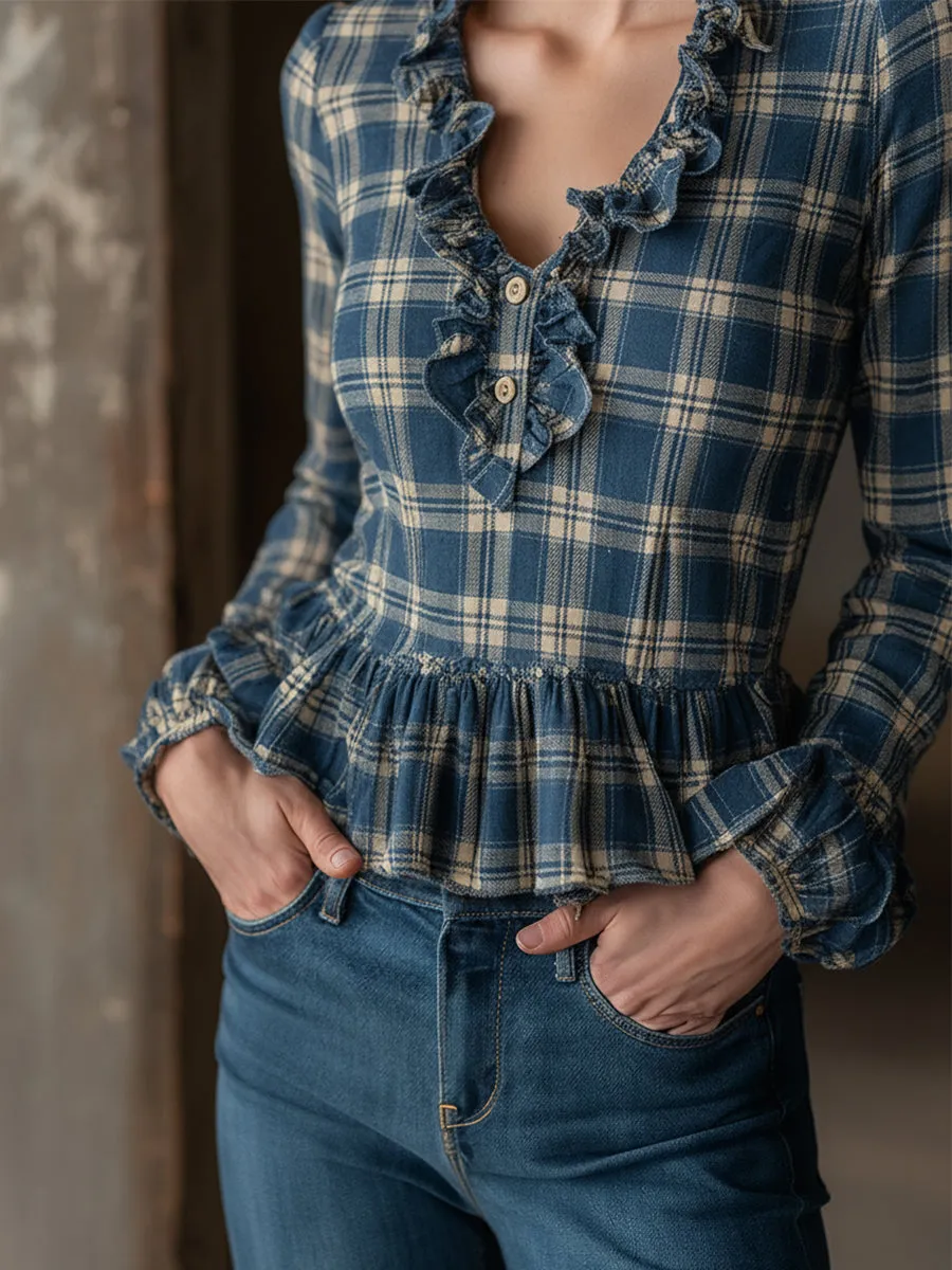 Trendy Retro Blue And Beige Plaid V-neck Ruffled Shirt sold by Oyrosy product image thumbnail 4