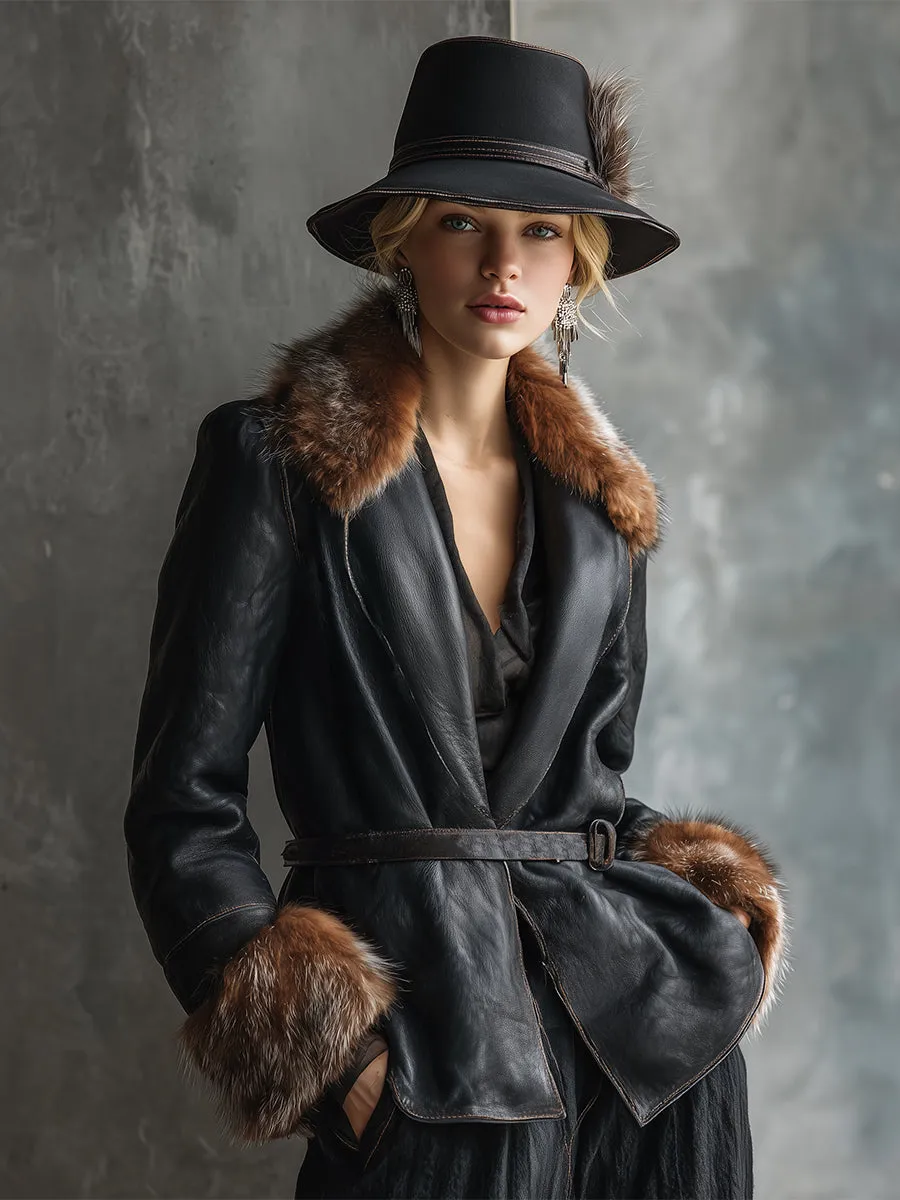 Elegant And Luxurious Faux Fur Collar Black PU Jacket sold by Oyrosy product image thumbnail 2