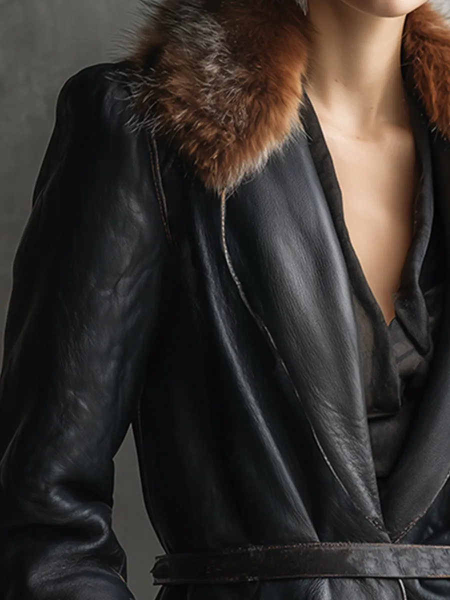 Elegant And Luxurious Faux Fur Collar Black PU Jacket sold by Oyrosy product image thumbnail 3