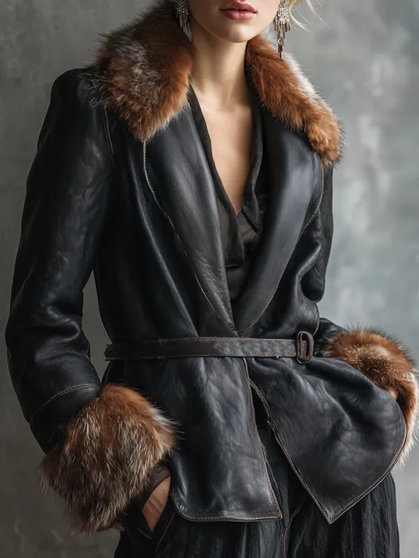 Elegant And Luxurious Faux Fur Collar Black PU Jacket sold by Oyrosy