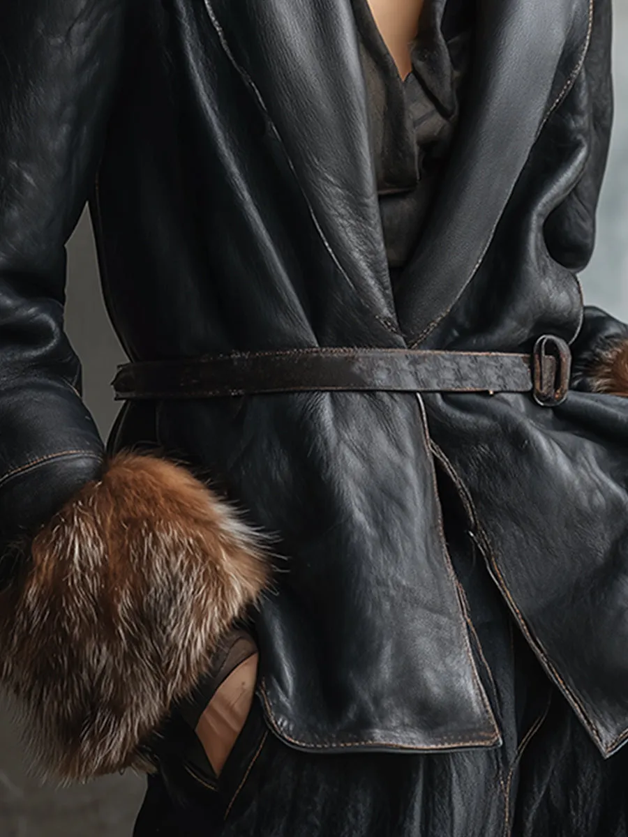 Elegant And Luxurious Faux Fur Collar Black PU Jacket sold by Oyrosy product image thumbnail 4