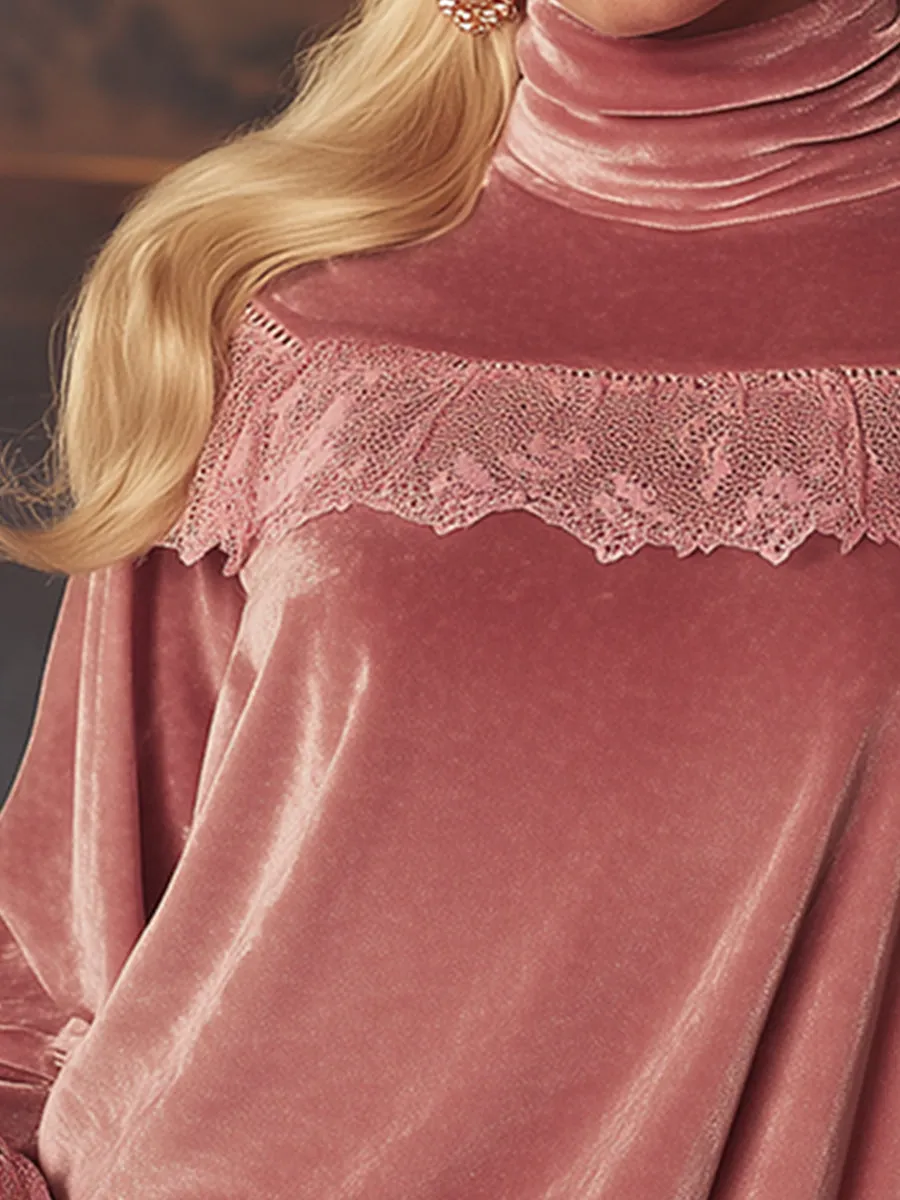 Retro-style Versatile Light Pink Stand-up Collar Velvet Lace Trim Shirt sold by Oyrosy product image thumbnail 3