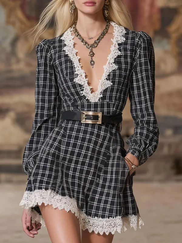 Lace-trimmed V-neck Classic Plaid Long-sleeved Mini Dress sold by Oyrosy