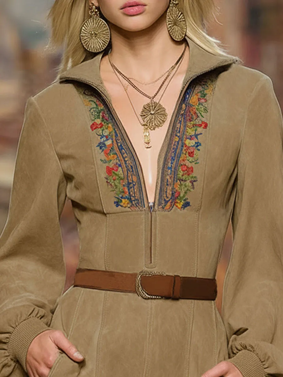Western-style Floral Embroidered Lapel Zipper Faux Suede Long-sleeved Mini Dress sold by Oyrosy product image thumbnail 2