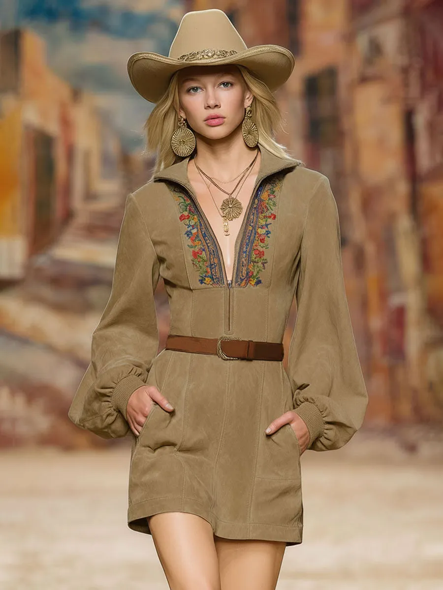 Western-style Floral Embroidered Lapel Zipper Faux Suede Long-sleeved Mini Dress sold by Oyrosy product image thumbnail 4