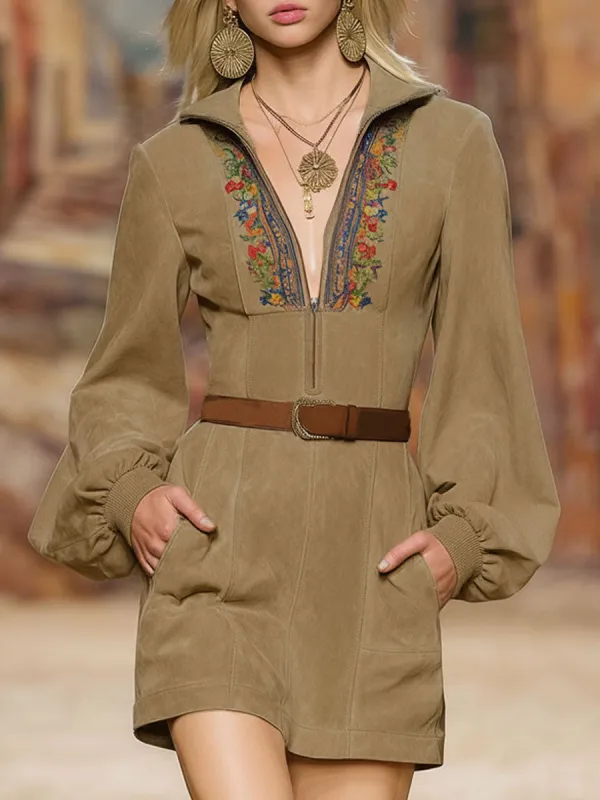 Western-style Floral Embroidered Lapel Zipper Faux Suede Long-sleeved Mini Dress sold by Oyrosy