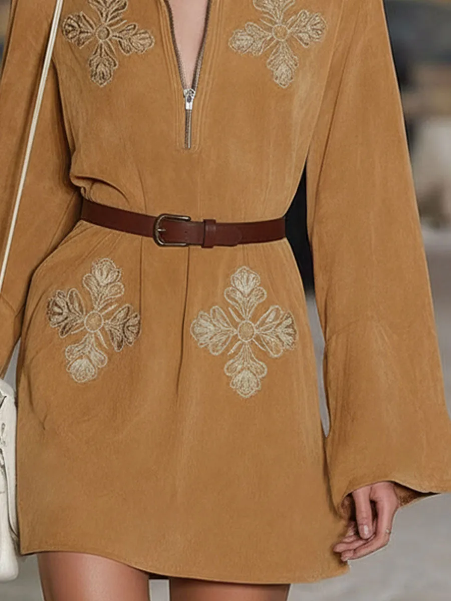 Western-style Geometric Embroidered Lapel Zipper Faux Suede Long-sleeved Mini Dress sold by Oyrosy product image thumbnail 3