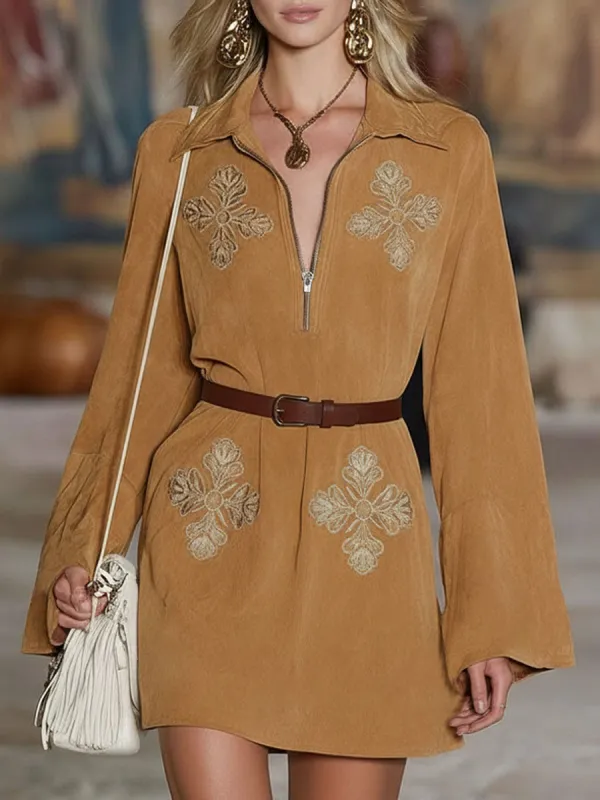 Western-style Geometric Embroidered Lapel Zipper Faux Suede Long-sleeved Mini Dress sold by Oyrosy