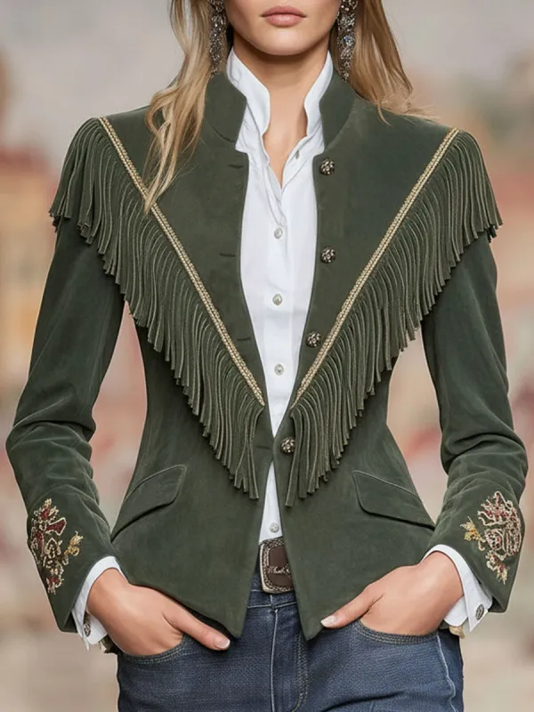 Western-style Embroidered Stand-up Collar Fringed Suede Jacket sold by Oyrosy