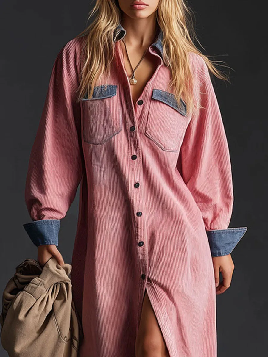Casual Retro Corduroy And Denim Patchwork Long-sleeved Shirt Dress sold by Oyrosy product image thumbnail 3