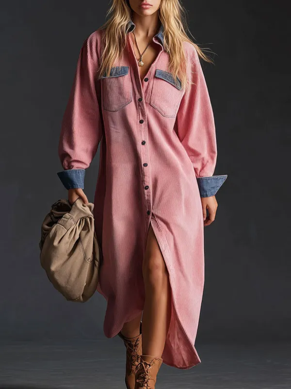 Casual Retro Corduroy And Denim Patchwork Long-sleeved Shirt Dress sold by Oyrosy