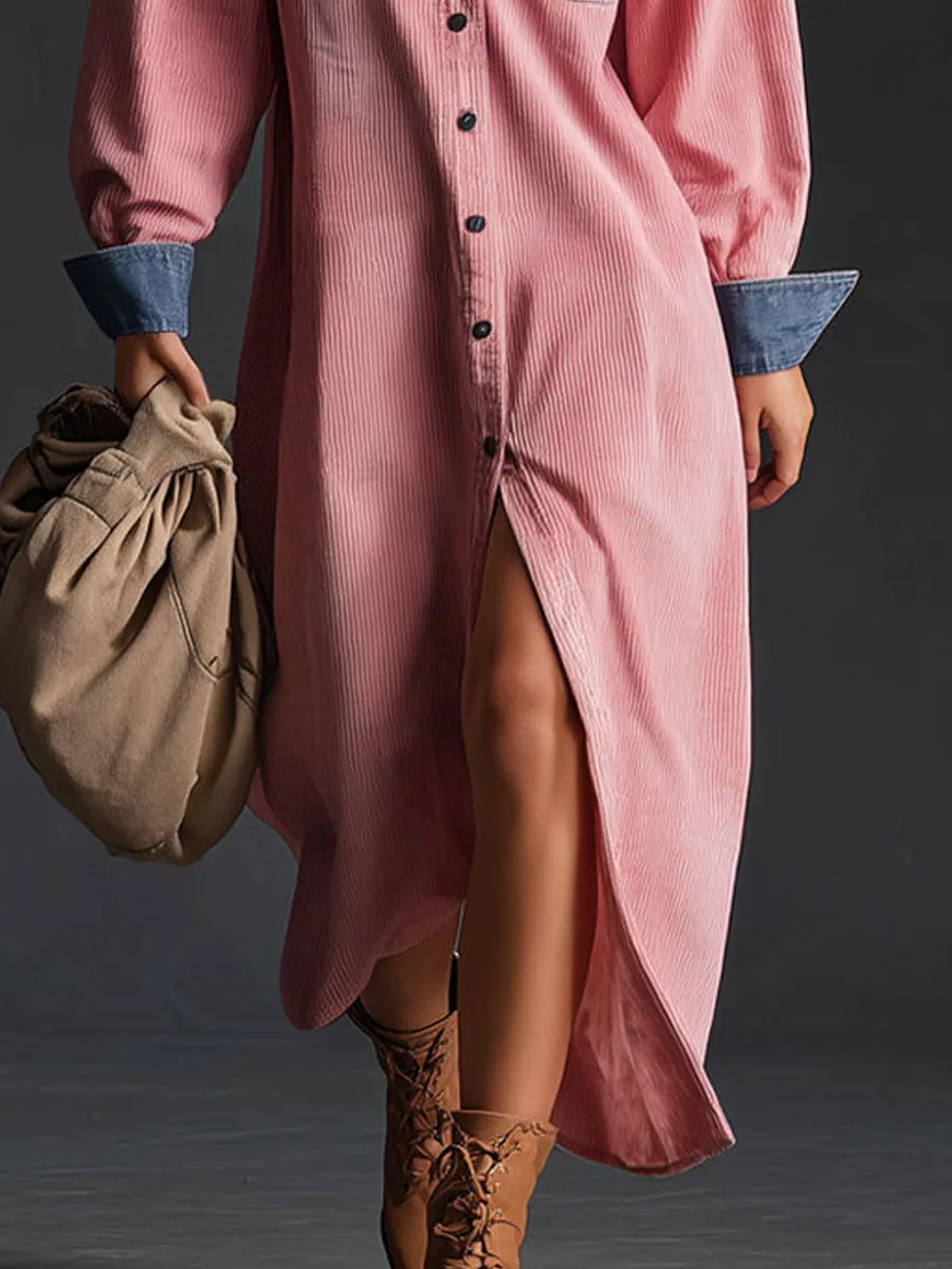 Casual Retro Corduroy And Denim Patchwork Long-sleeved Shirt Dress sold by Oyrosy product image thumbnail 4