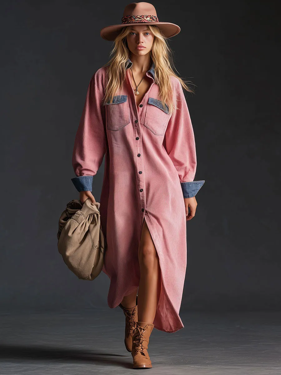 Casual Retro Corduroy And Denim Patchwork Long-sleeved Shirt Dress sold by Oyrosy product image thumbnail 2