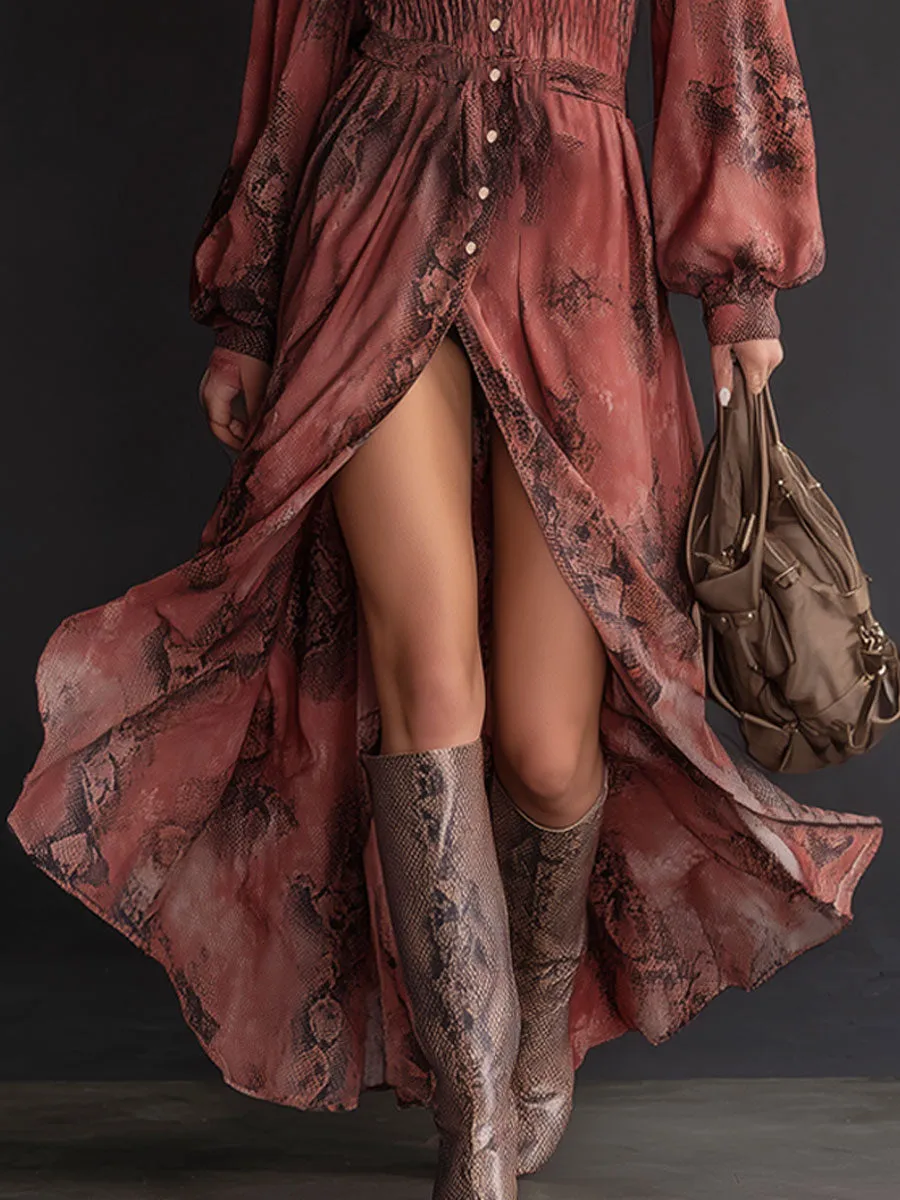 Fashionable Retro Brick Red Chiffon Snakeskin Elastic Waist Long Sleeve Maxi Dress sold by Oyrosy product image thumbnail 3