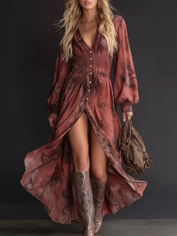 Fashionable Retro Brick Red Chiffon Snakeskin Elastic Waist Long Sleeve Maxi Dress sold by Oyrosy