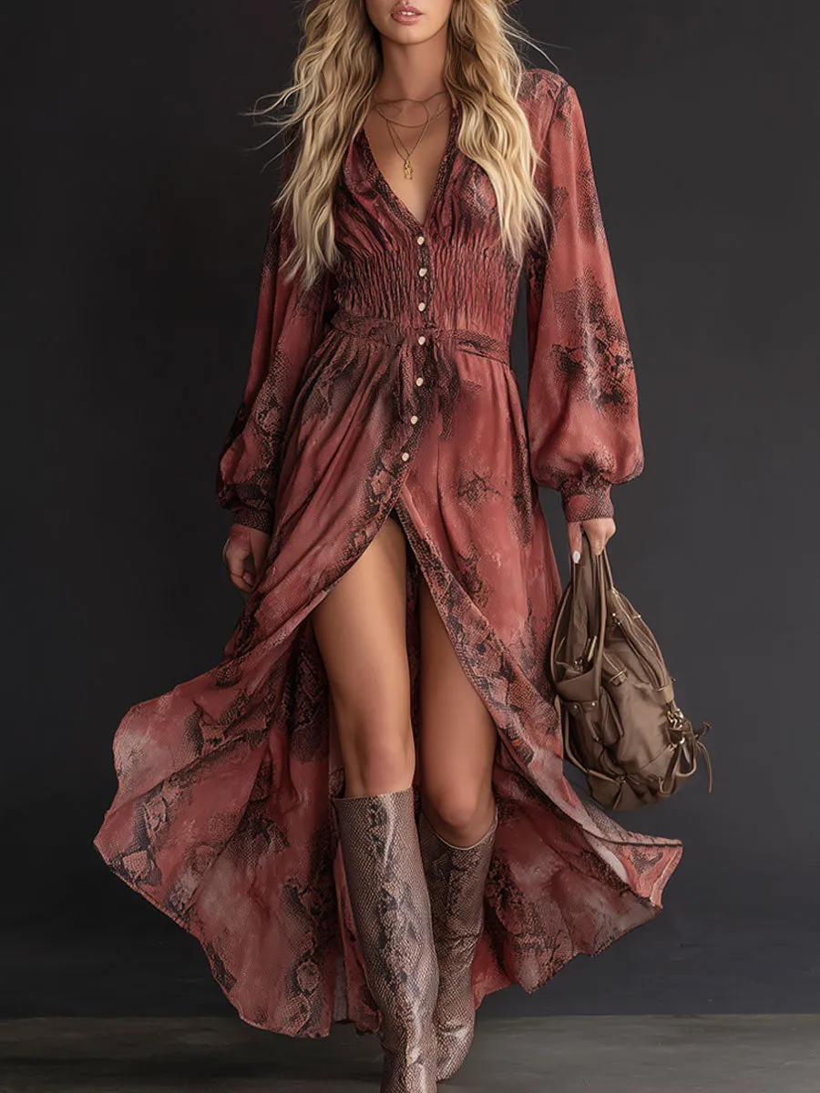 Fashionable Retro Brick Red Chiffon Snakeskin Elastic Waist Long Sleeve Maxi Dress sold by Oyrosy